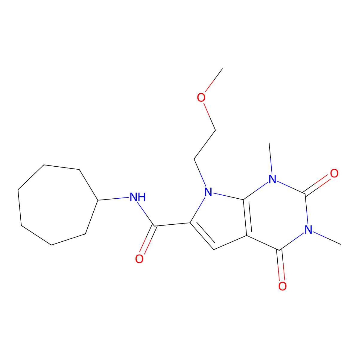 N-cycloheptyl-7-(2-methoxyethyl)-1,3-dimethyl-2,4-dioxo-2,3,4,7-tetrahydro-1H-pyrrolo[2,3-d]pyrimidine-6-carboxamide molecular structure, CAS 1021257-33-9