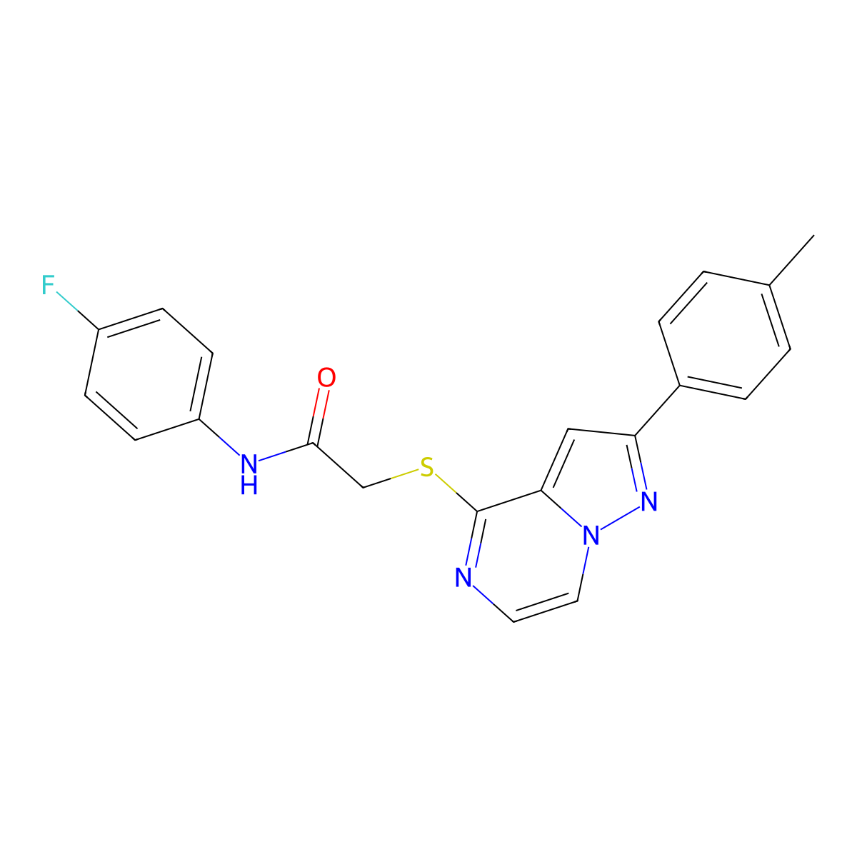 N-(4-fluorophenyl)-2-{[2-(4-methylphenyl)pyrazolo[1,5-a]pyrazin-4-yl]thio}acetamide molecular structure, CAS 1021257-35-1