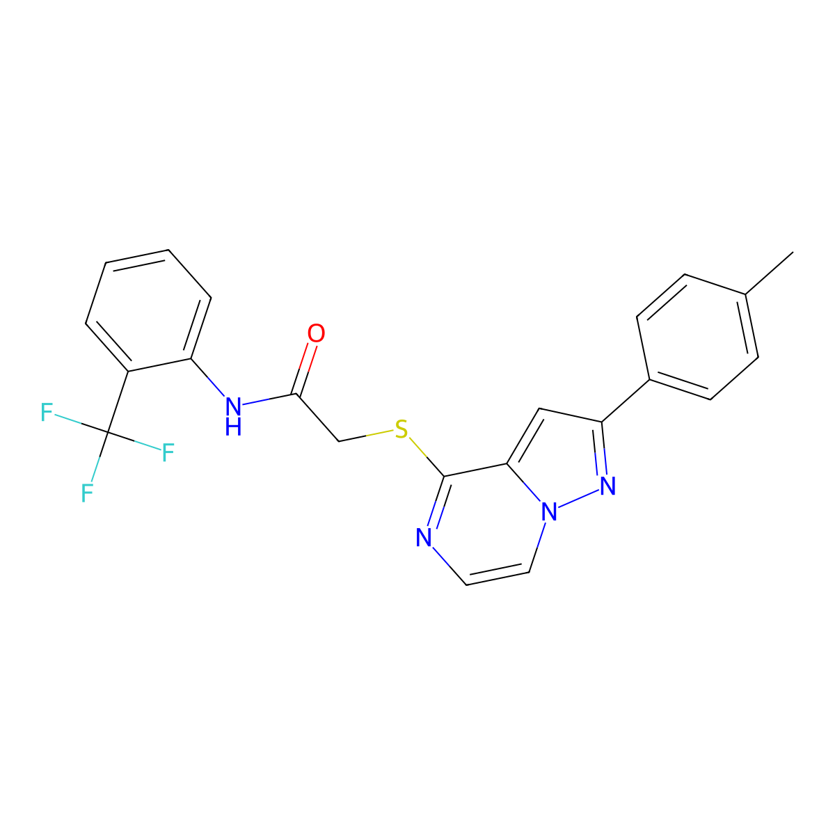 2-((2-(p-tolyl)pyrazolo[1,5-a]pyrazin-4-yl)thio)-N-(2-(trifluoromethyl)phenyl)acetamide molecular structure, CAS 1021257-36-2