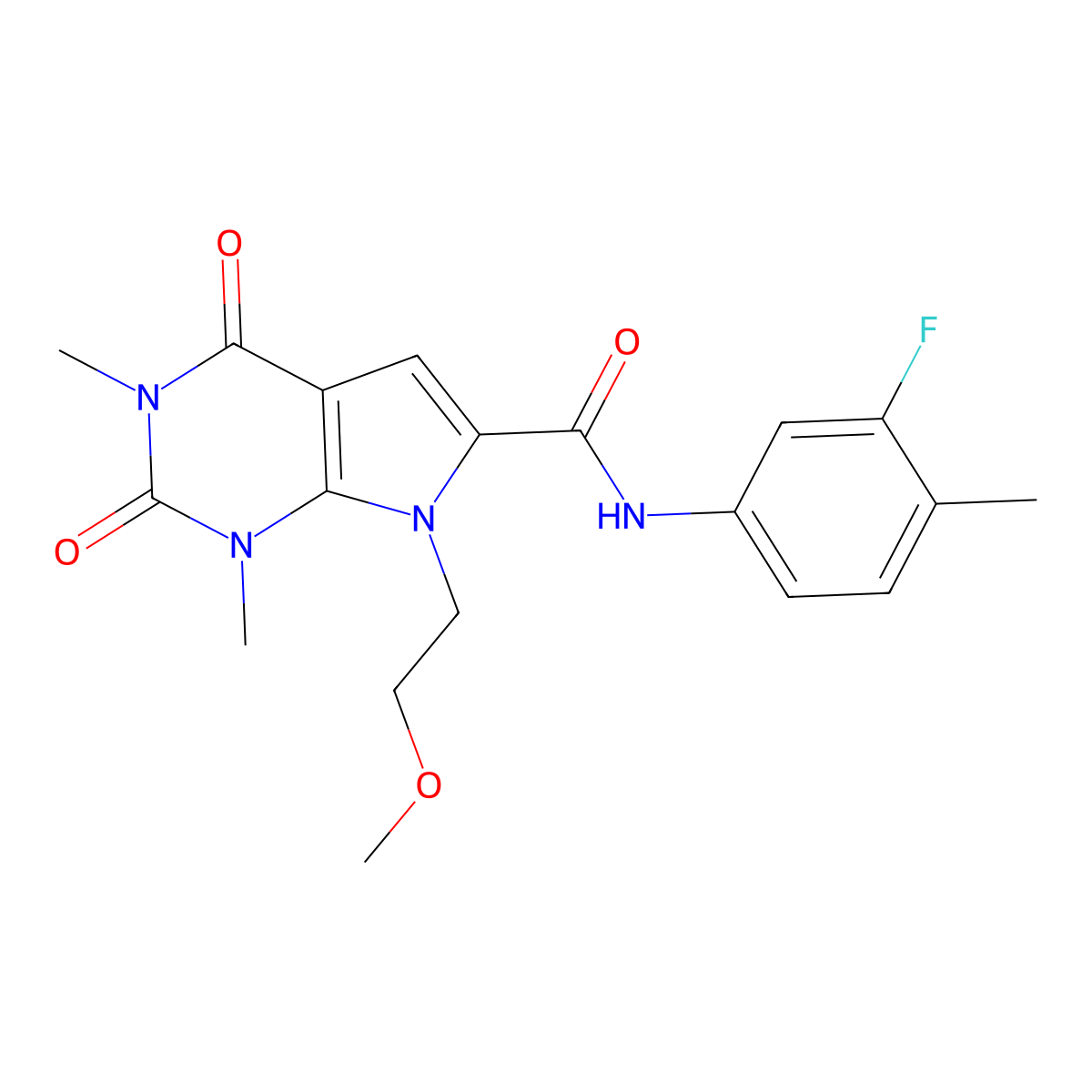 N-(3-fluoro-4-methylphenyl)-7-(2-methoxyethyl)-1,3-dimethyl-2,4-dioxo-2,3,4,7-tetrahydro-1H-pyrrolo[2,3-d]pyrimidine-6-carboxamide molecular structure, CAS 1021257-37-3