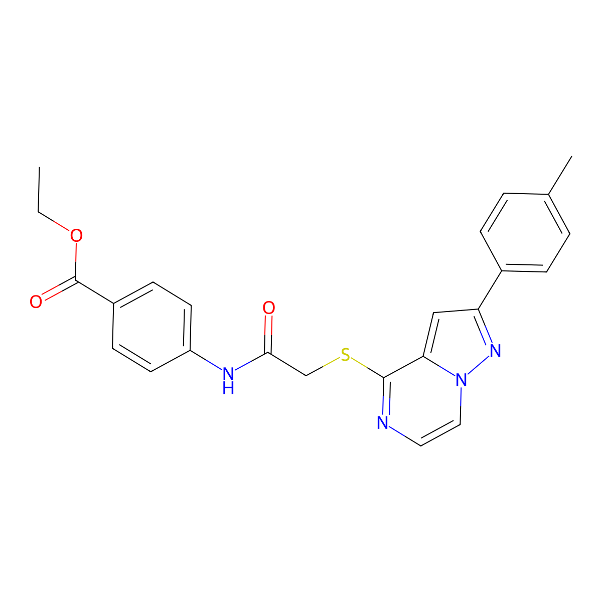 Ethyl 4-(2-{[2-(4-methylphenyl)pyrazolo[1,5-A]pyrazin-4-YL]sulfanyl}acetamido)benzoate molecular structure, CAS 1021257-38-4