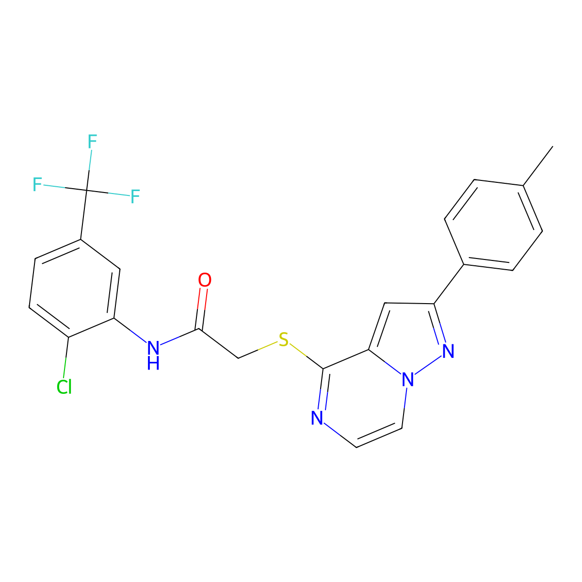 N-[2-chloro-5-(trifluoromethyl)phenyl]-2-{[2-(4-methylphenyl)pyrazolo[1,5-a]pyrazin-4-yl]thio}acetamide molecular structure, CAS 1021257-44-2