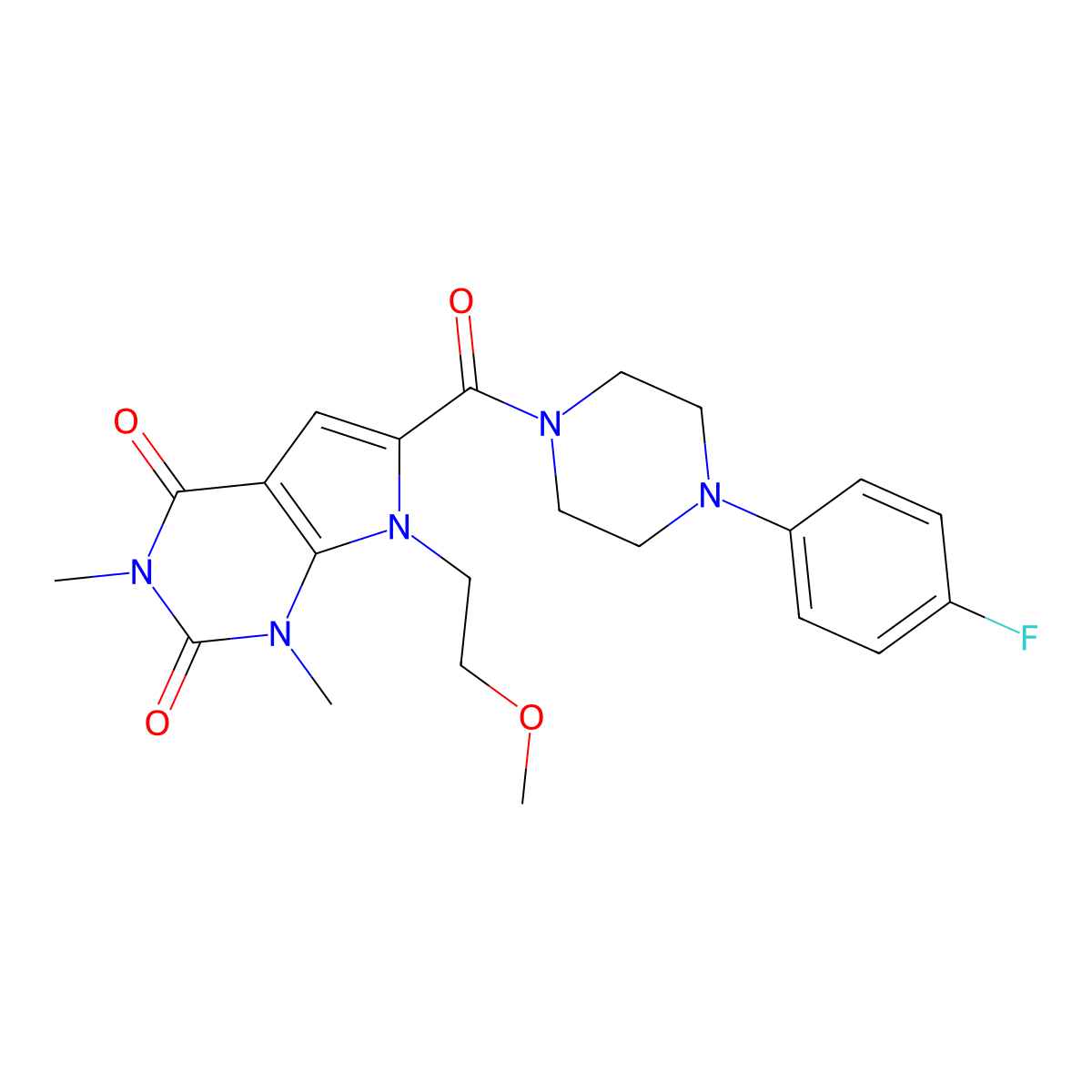 6-(4-(4-fluorophenyl)piperazine-1-carbonyl)-7-(2-methoxyethyl)-1,3-dimethyl-1H-pyrrolo[2,3-d]pyrimidine-2,4(3H,7H)-dione molecular structure, CAS 1021257-46-4