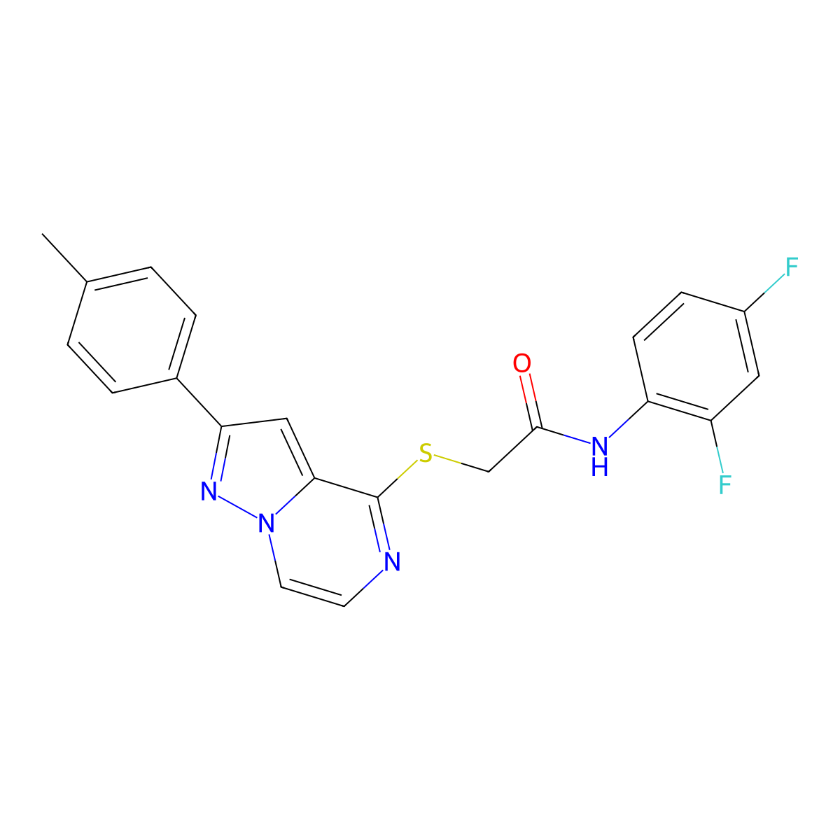 N-(2,4-difluorophenyl)-2-{[2-(4-methylphenyl)pyrazolo[1,5-a]pyrazin-4-yl]thio}acetamide molecular structure, CAS 1021257-53-3