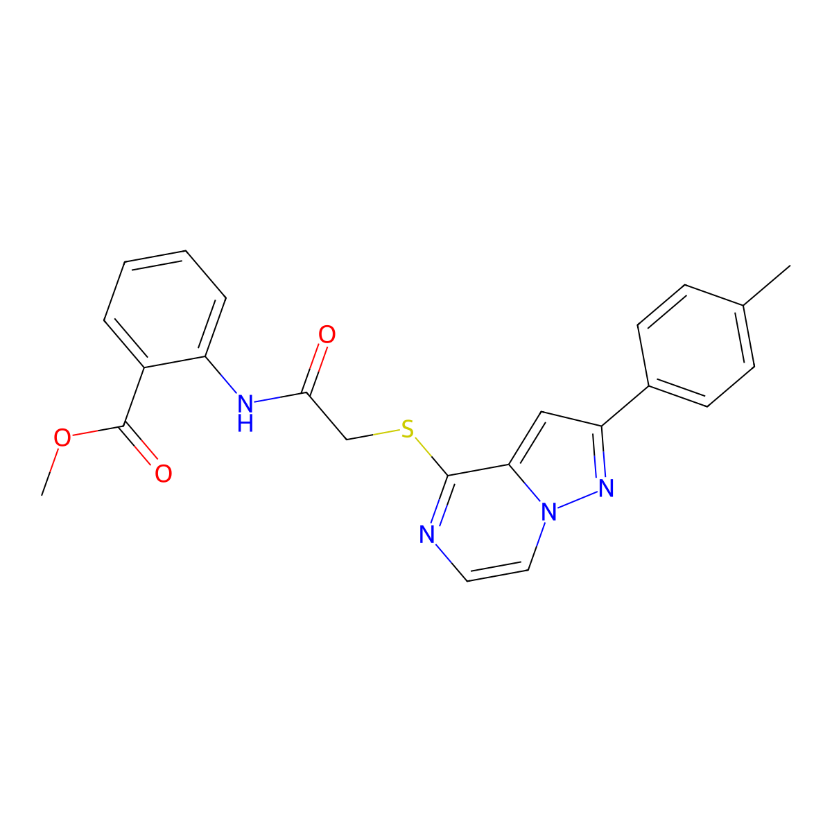Methyl 2-(2-{[2-(4-methylphenyl)pyrazolo[1,5-A]pyrazin-4-YL]sulfanyl}acetamido)benzoate molecular structure, CAS 1021257-59-9