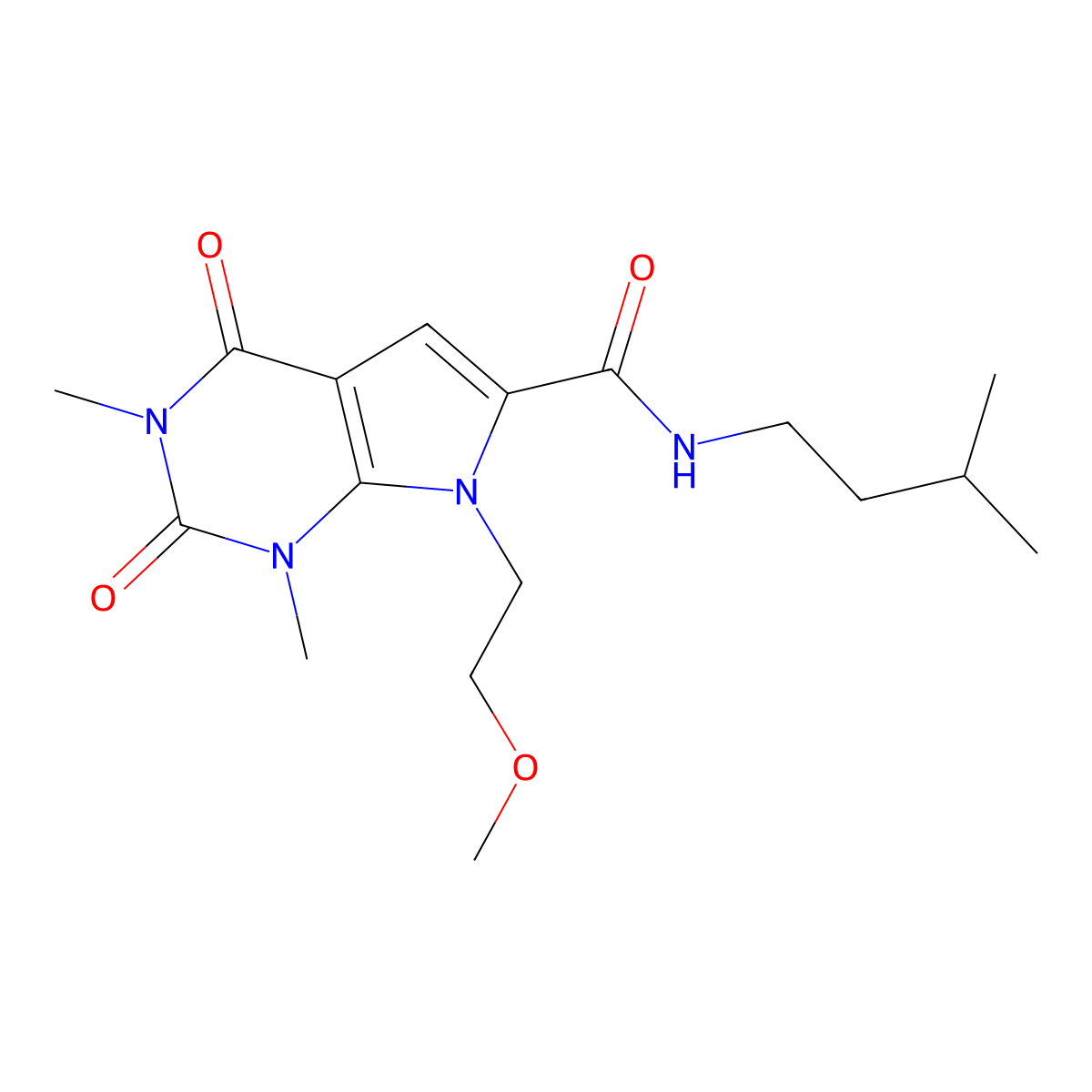 7-(2-methoxyethyl)-1,3-dimethyl-N-(3-methylbutyl)-2,4-dioxo-1H,2H,3H,4H,7H-pyrrolo[2,3-d]pyrimidine-6-carboxamide molecular structure, CAS 1021257-64-6
