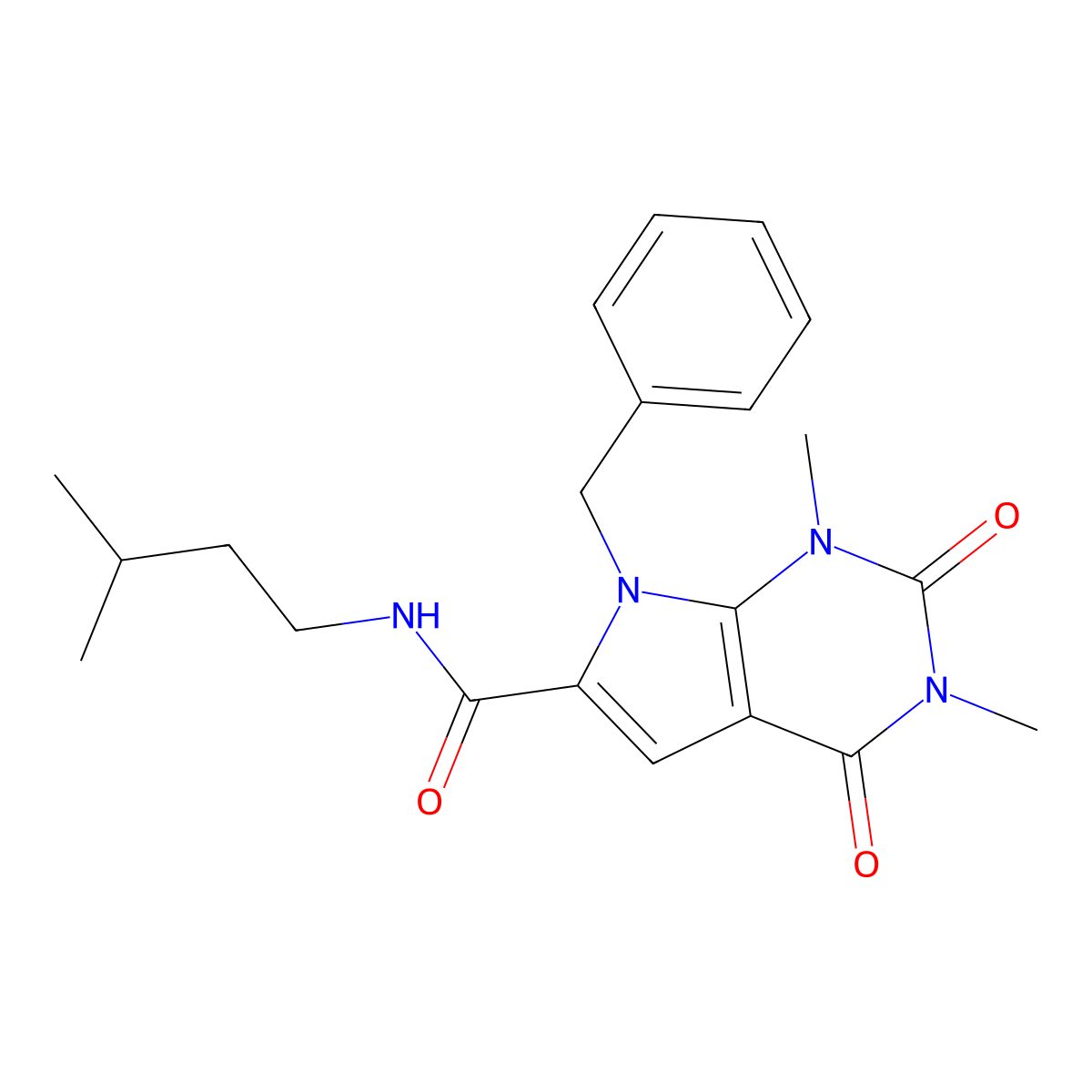 7-benzyl-1,3-dimethyl-N-(3-methylbutyl)-2,4-dioxo-2,3,4,7-tetrahydro-1H-pyrrolo[2,3-d]pyrimidine-6-carboxamide molecular structure, CAS 1021257-73-7