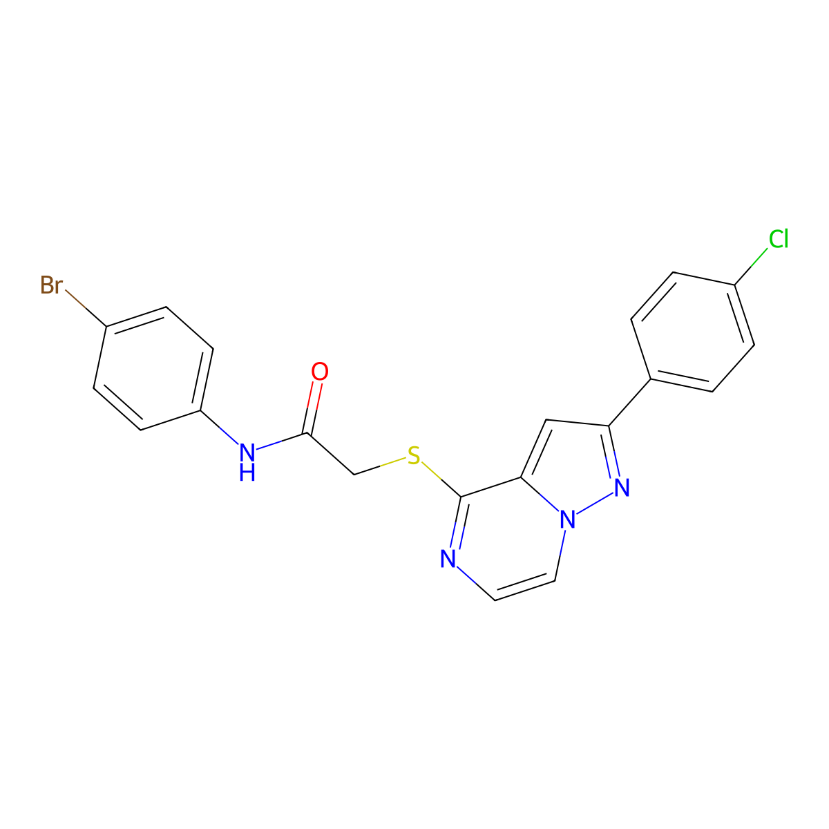 N-(4-bromophenyl)-2-{[2-(4-chlorophenyl)pyrazolo[1,5-a]pyrazin-4-yl]sulfanyl}acetamide molecular structure, CAS 1021257-74-8