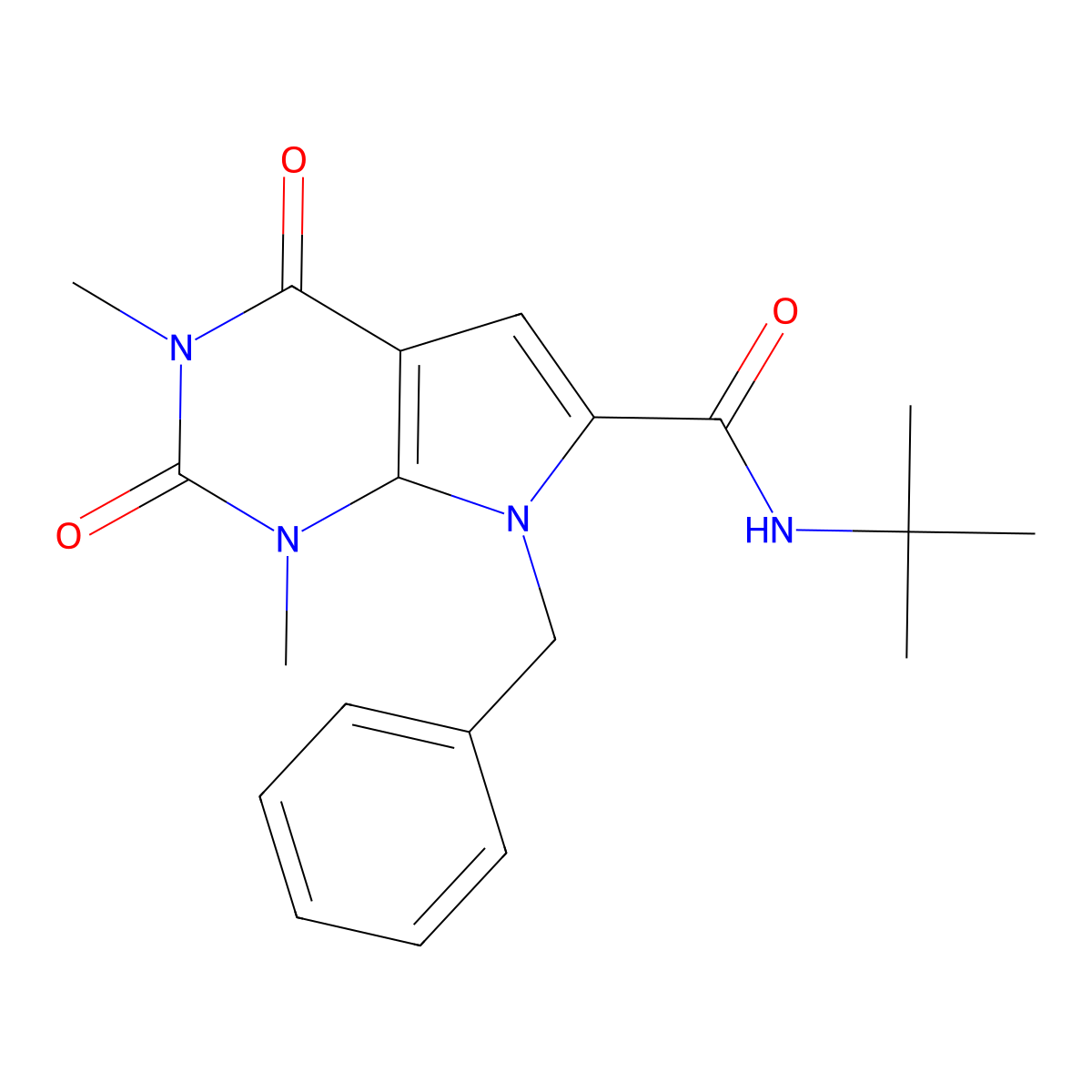 7-benzyl-N-tert-butyl-1,3-dimethyl-2,4-dioxo-2,3,4,7-tetrahydro-1H-pyrrolo[2,3-d]pyrimidine-6-carboxamide molecular structure, CAS 1021257-76-0