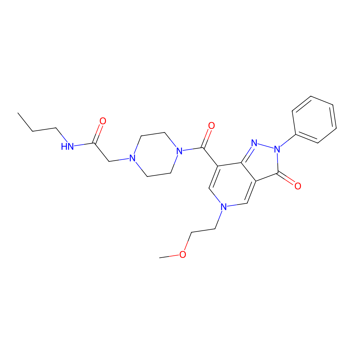 2-(4-(5-(2-methoxyethyl)-3-oxo-2-phenyl-3,5-dihydro-2H-pyrazolo[4,3-c]pyridine-7-carbonyl)piperazin-1-yl)-N-propylacetamide molecular structure, CAS 1021257-90-8
