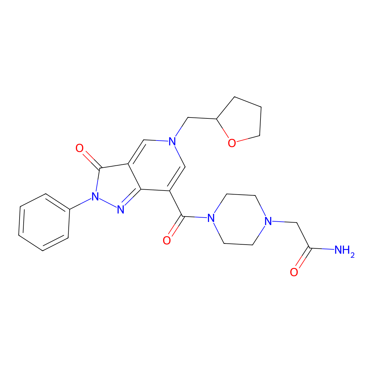 2-(4-(3-oxo-2-phenyl-5-((tetrahydrofuran-2-yl)methyl)-3,5-dihydro-2H-pyrazolo[4,3-c]pyridine-7-carbonyl)piperazin-1-yl)acetamide molecular structure, CAS 1021257-94-2