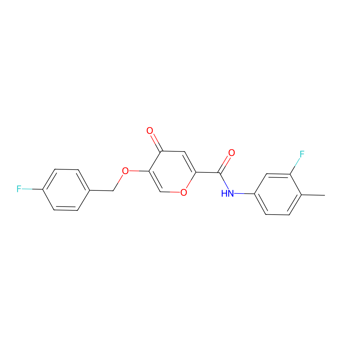 N-(3-fluoro-4-methylphenyl)-5-((4-fluorobenzyl)oxy)-4-oxo-4H-pyran-2-carboxamide molecular structure, CAS 1021257-95-3