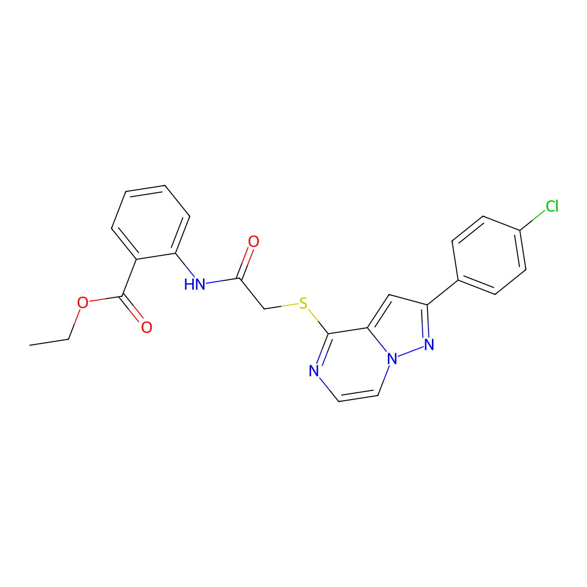 Ethyl 2-[({[2-(4-chlorophenyl)pyrazolo[1,5-a]pyrazin-4-yl]thio}acetyl)amino]benzoate molecular structure, CAS 1021257-96-4