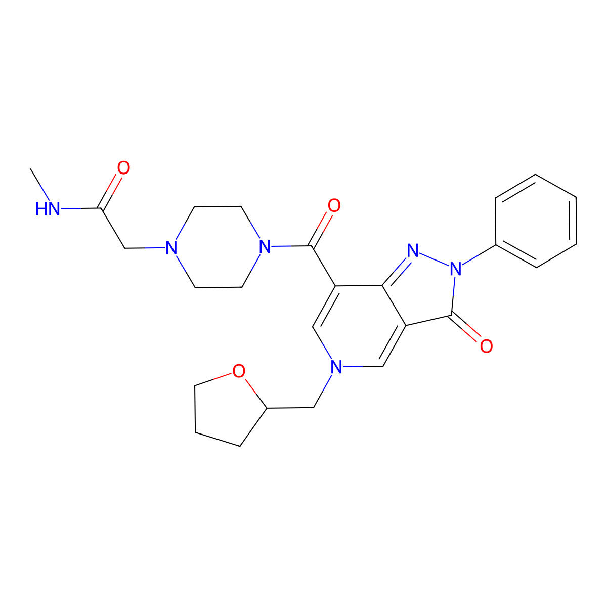 N-methyl-2-(4-(3-oxo-2-phenyl-5-((tetrahydrofuran-2-yl)methyl)-3,5-dihydro-2H-pyrazolo[4,3-c]pyridine-7-carbonyl)piperazin-1-yl)acetamide molecular structure, CAS 1021257-97-5
