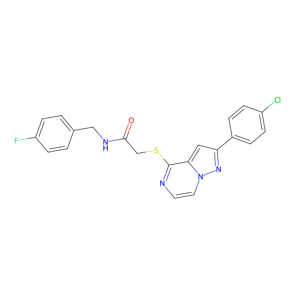 2-((2-(4-chlorophenyl)pyrazolo[1,5-a]pyrazin-4-yl)thio)-N-(4-fluorobenzyl)acetamide molecular structure, CAS 1021257-98-6