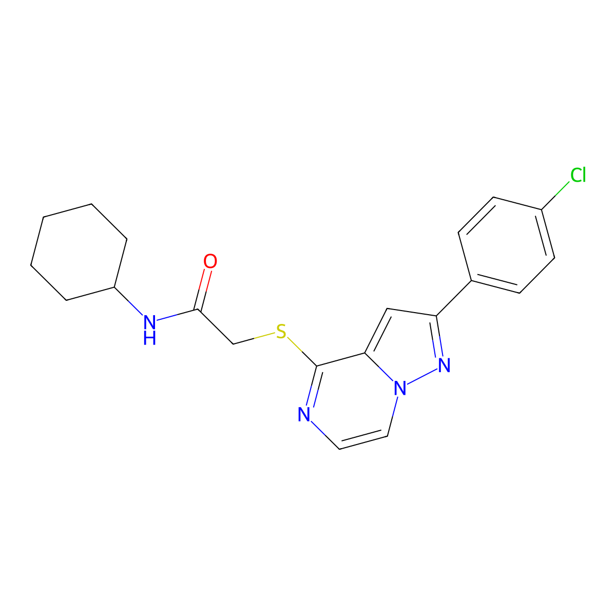2-{[2-(4-chlorophenyl)pyrazolo[1,5-a]pyrazin-4-yl]sulfanyl}-N-cyclohexylacetamide molecular structure, CAS 1021258-04-7