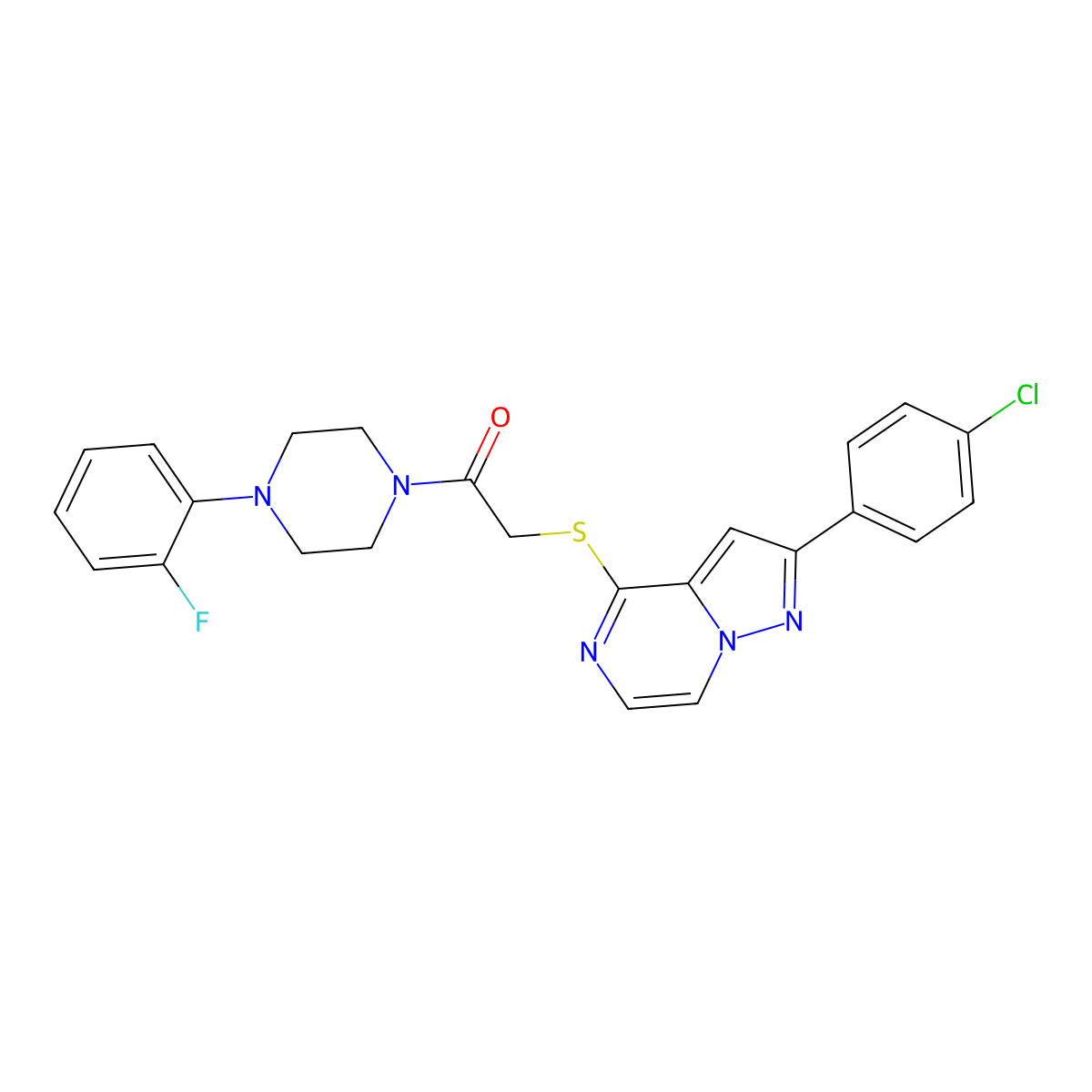 2-(4-Chlorophenyl)-4-({2-[4-(2-fluorophenyl)piperazin-1-yl]-2-oxoethyl}thio)pyrazolo[1,5-a]pyrazine molecular structure, CAS 1021258-08-1
