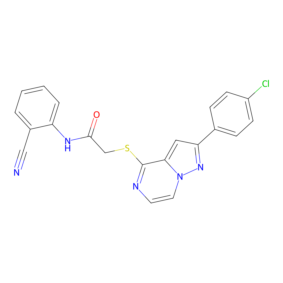 2-{[2-(4-chlorophenyl)pyrazolo[1,5-a]pyrazin-4-yl]sulfanyl}-N-(2-cyanophenyl)acetamide molecular structure, CAS 1021258-09-2