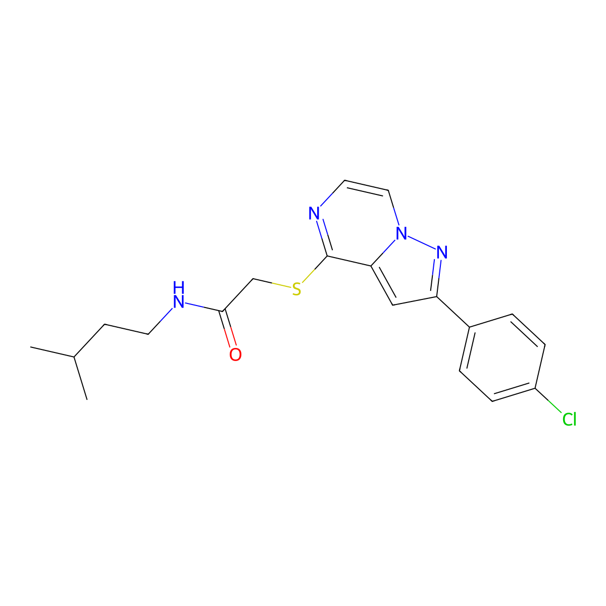 2-{[2-(4-chlorophenyl)pyrazolo[1,5-a]pyrazin-4-yl]sulfanyl}-N-(3-methylbutyl)acetamide molecular structure, CAS 1021258-10-5