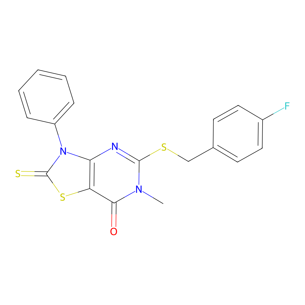 5-{[(4-fluorophenyl)methyl]sulfanyl}-6-methyl-3-phenyl-2-sulfanylidene-2H,3H,6H,7H-[1,3]thiazolo[4,5-d]pyrimidin-7-one molecular structure, CAS 1021258-21-8
