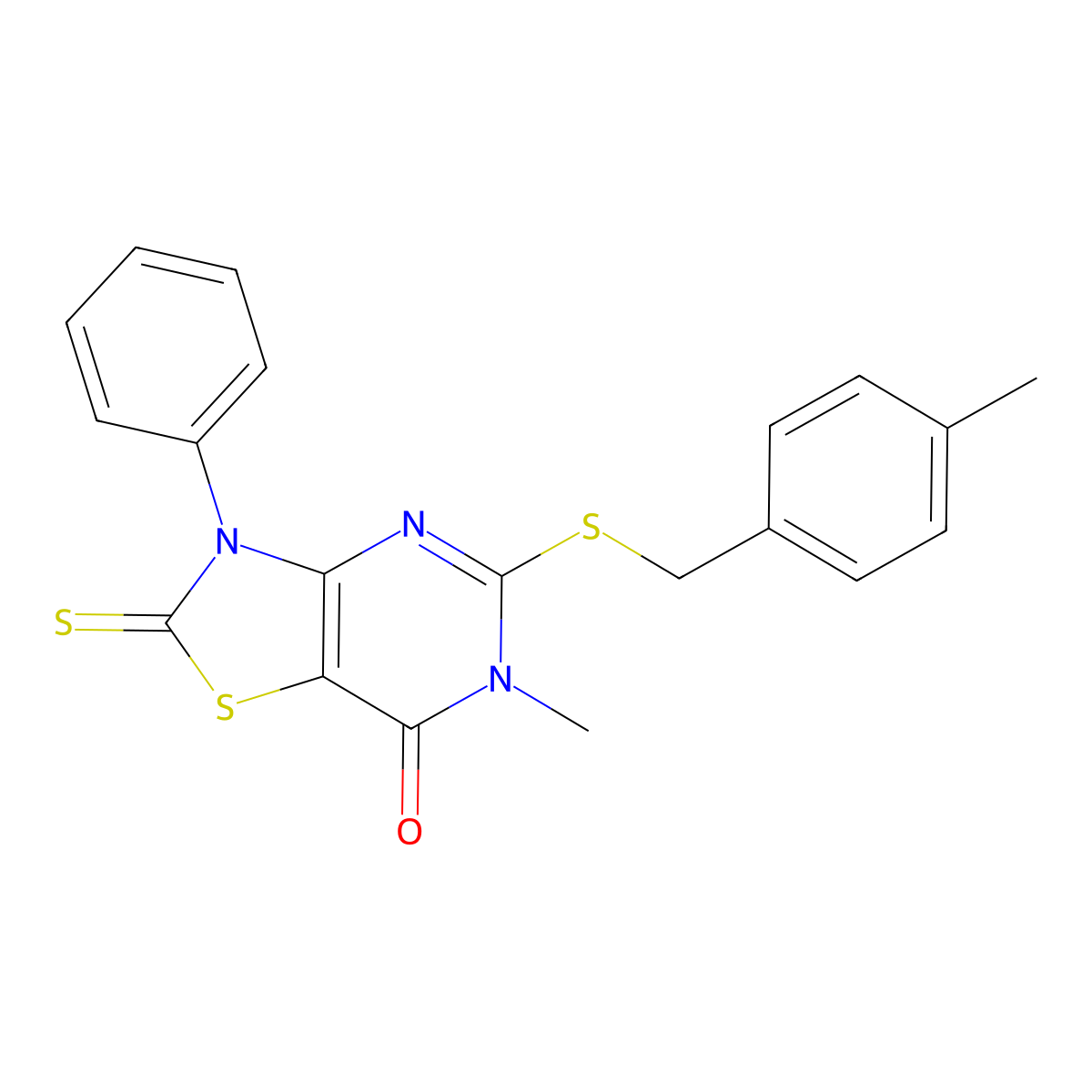 6-methyl-5-((4-methylbenzyl)thio)-3-phenyl-2-thioxo-2,3-dihydrothiazolo[4,5-d]pyrimidin-7(6H)-one molecular structure, CAS 1021258-22-9