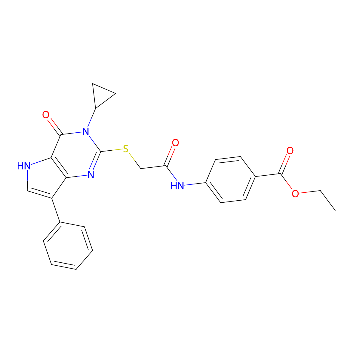 ethyl 4-[2-({3-cyclopropyl-4-oxo-7-phenyl-3H,4H,5H-pyrrolo[3,2-d]pyrimidin-2-yl}sulfanyl)acetamido]benzoate molecular structure, CAS 1021258-35-4