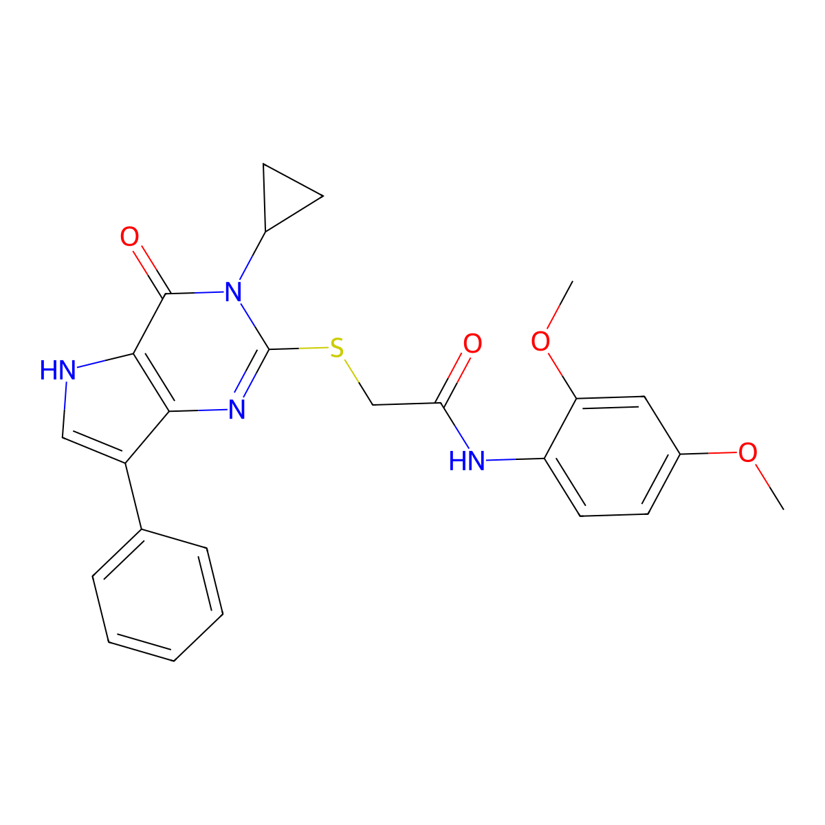 2-({3-cyclopropyl-4-oxo-7-phenyl-3H,4H,5H-pyrrolo[3,2-d]pyrimidin-2-yl}sulfanyl)-N-(2,4-dimethoxyphenyl)acetamide molecular structure, CAS 1021258-39-8