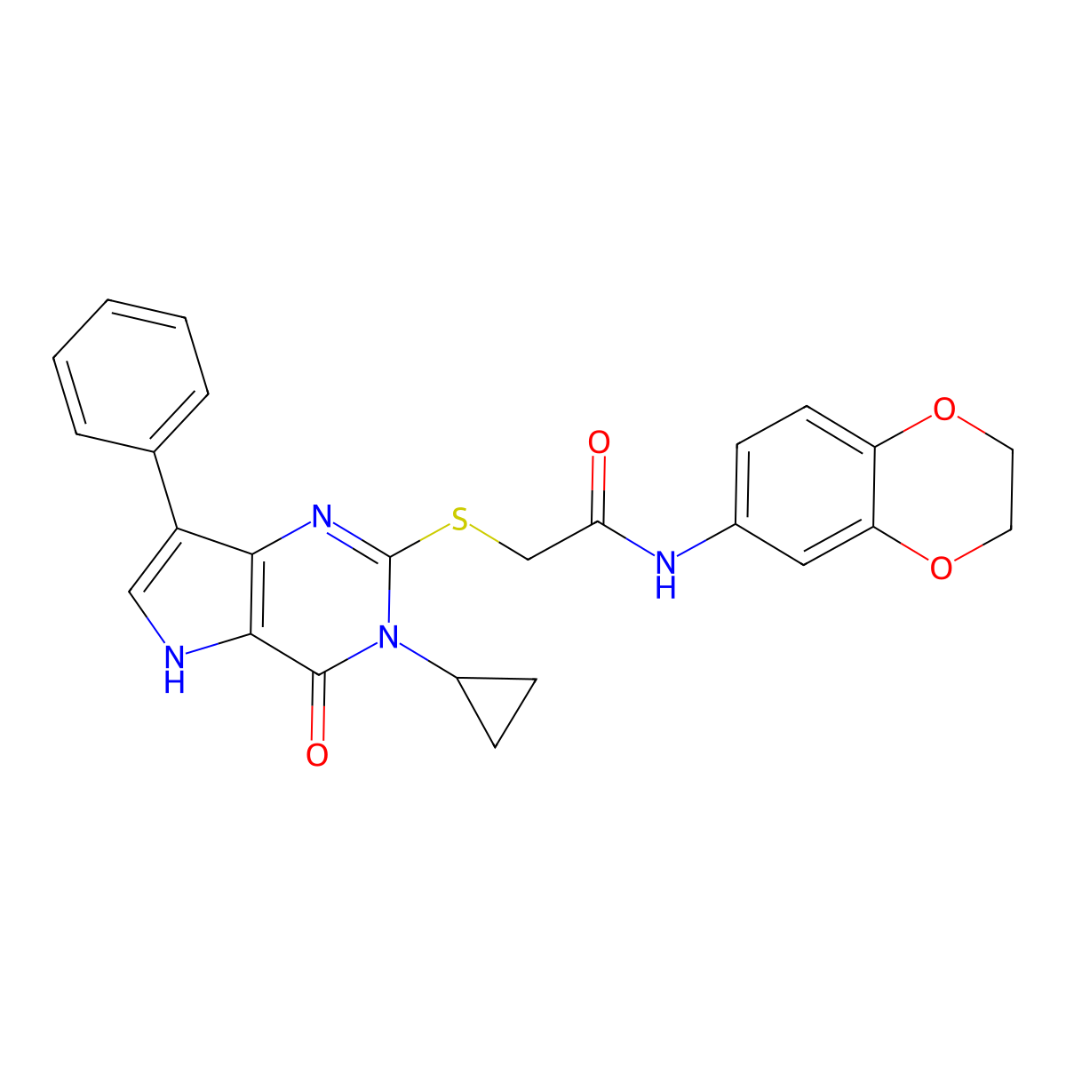 2-({3-cyclopropyl-4-oxo-7-phenyl-3H,4H,5H-pyrrolo[3,2-d]pyrimidin-2-yl}sulfanyl)-N-(2,3-dihydro-1,4-benzodioxin-6-yl)acetamide molecular structure, CAS 1021258-44-5