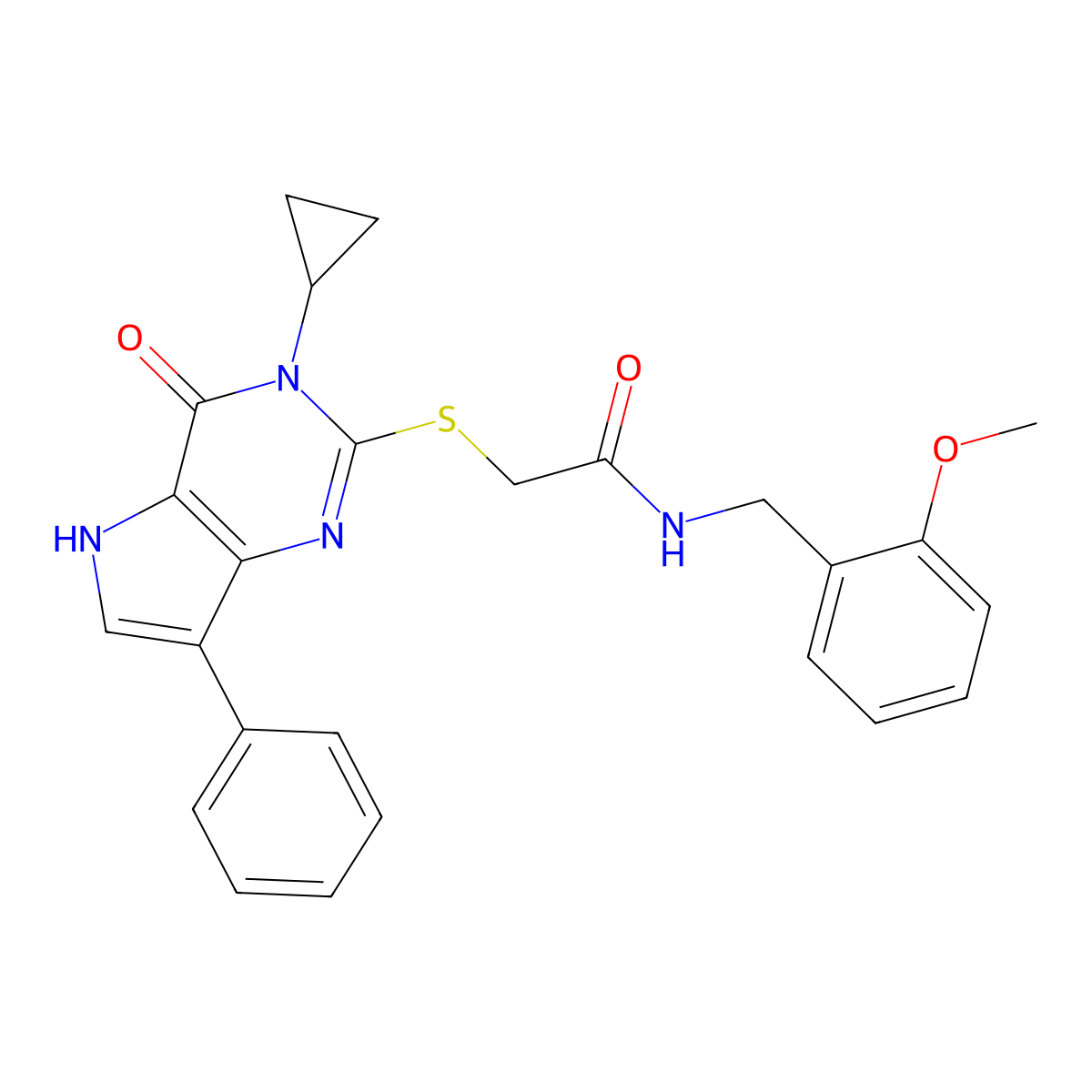 2-({3-cyclopropyl-4-oxo-7-phenyl-3H,4H,5H-pyrrolo[3,2-d]pyrimidin-2-yl}sulfanyl)-N-[(2-methoxyphenyl)methyl]acetamide molecular structure, CAS 1021258-50-3
