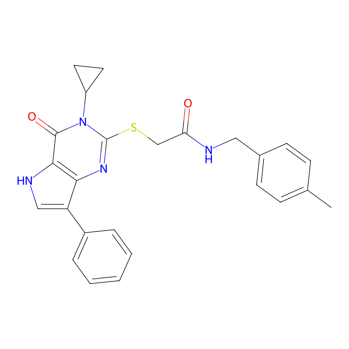 2-({3-cyclopropyl-4-oxo-7-phenyl-3H,4H,5H-pyrrolo[3,2-d]pyrimidin-2-yl}sulfanyl)-N-[(4-methylphenyl)methyl]acetamide molecular structure, CAS 1021258-53-6