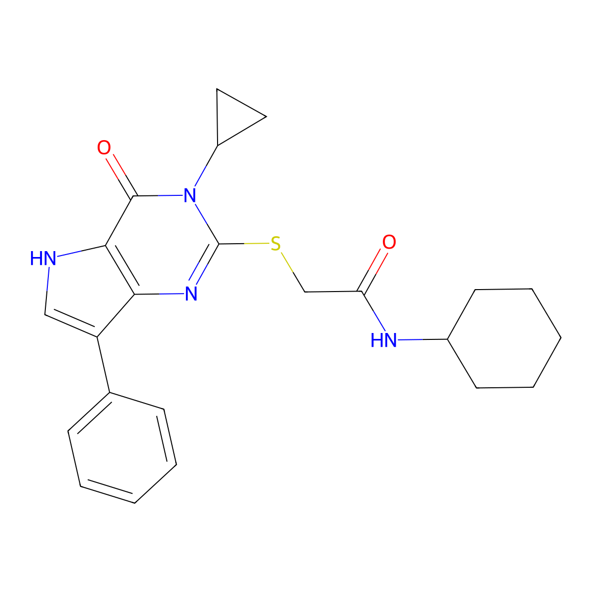 N-cyclohexyl-2-({3-cyclopropyl-4-oxo-7-phenyl-3H,4H,5H-pyrrolo[3,2-d]pyrimidin-2-yl}sulfanyl)acetamide molecular structure, CAS 1021258-56-9