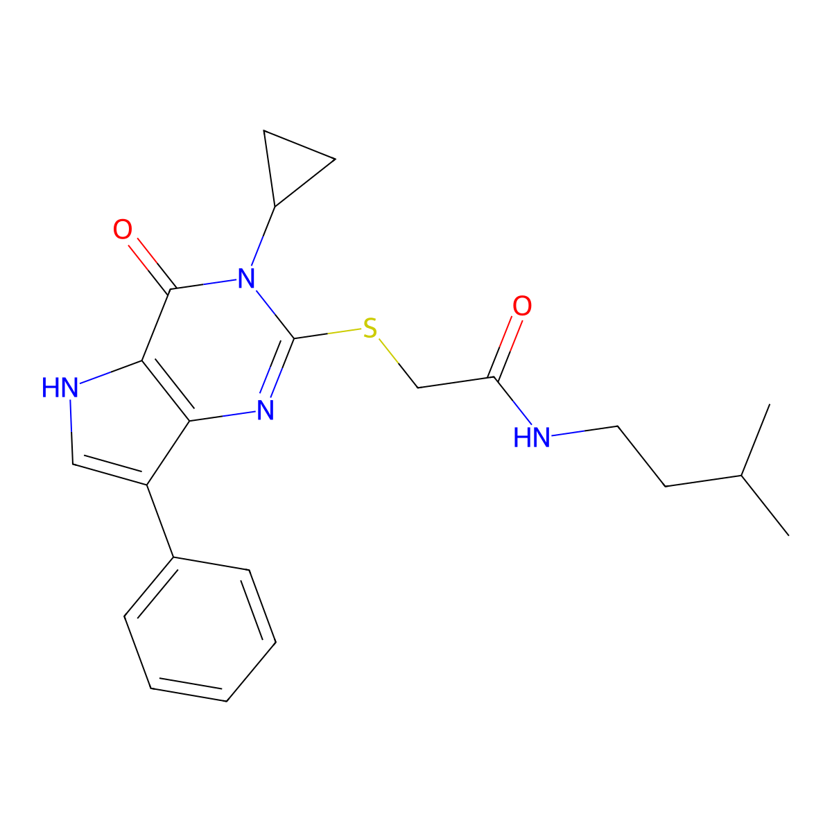 2-({3-cyclopropyl-4-oxo-7-phenyl-3H,4H,5H-pyrrolo[3,2-d]pyrimidin-2-yl}sulfanyl)-N-(3-methylbutyl)acetamide molecular structure, CAS 1021258-60-5