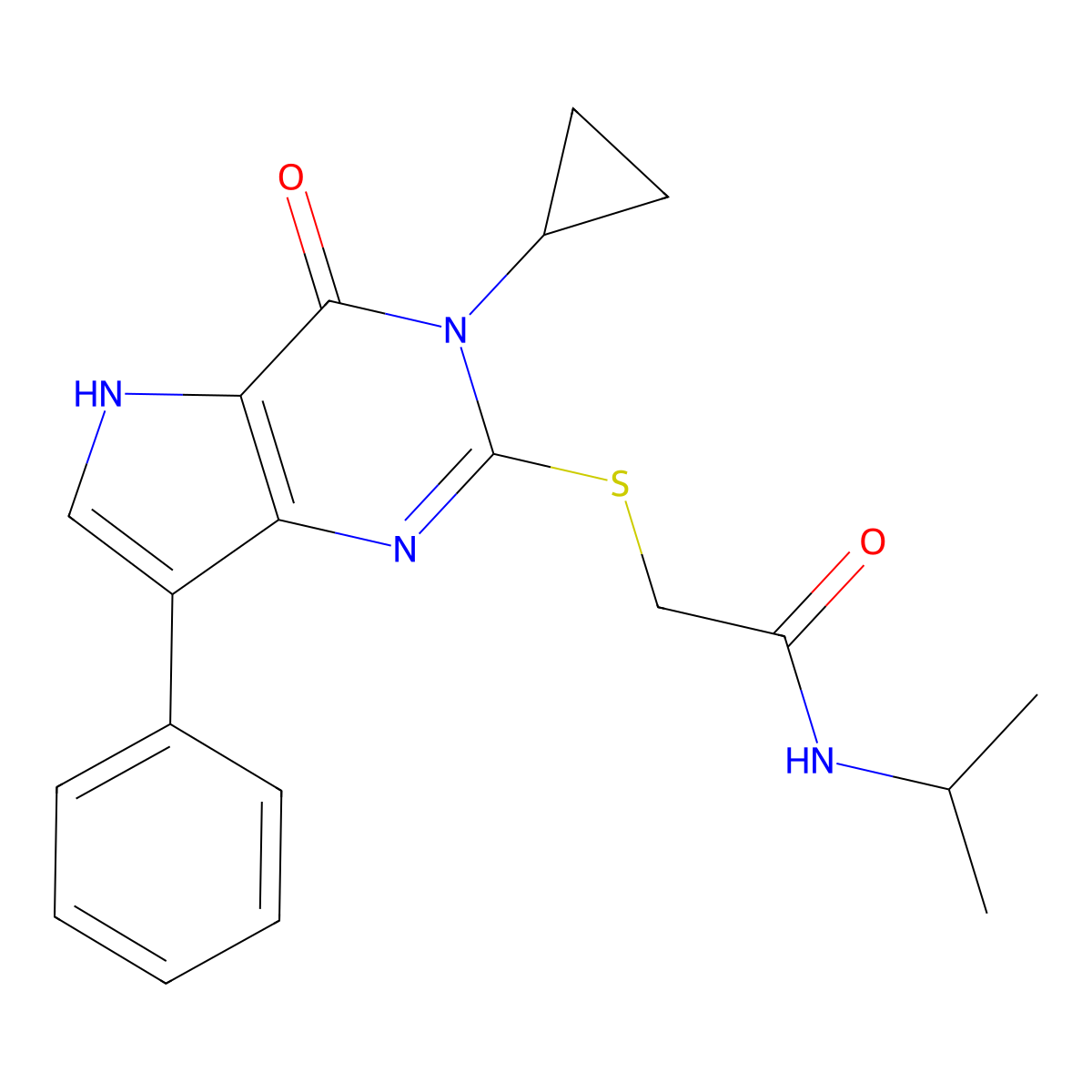 2-({3-cyclopropyl-4-oxo-7-phenyl-3H,4H,5H-pyrrolo[3,2-d]pyrimidin-2-yl}sulfanyl)-N-(propan-2-yl)acetamide molecular structure, CAS 1021258-62-7