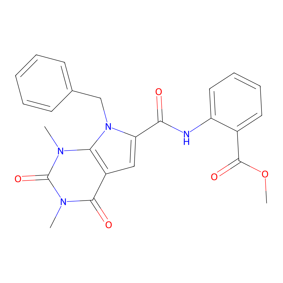 methyl 2-(7-benzyl-1,3-dimethyl-2,4-dioxo-2,3,4,7-tetrahydro-1H-pyrrolo[2,3-d]pyrimidine-6-carboxamido)benzoate molecular structure, CAS 1021258-66-1