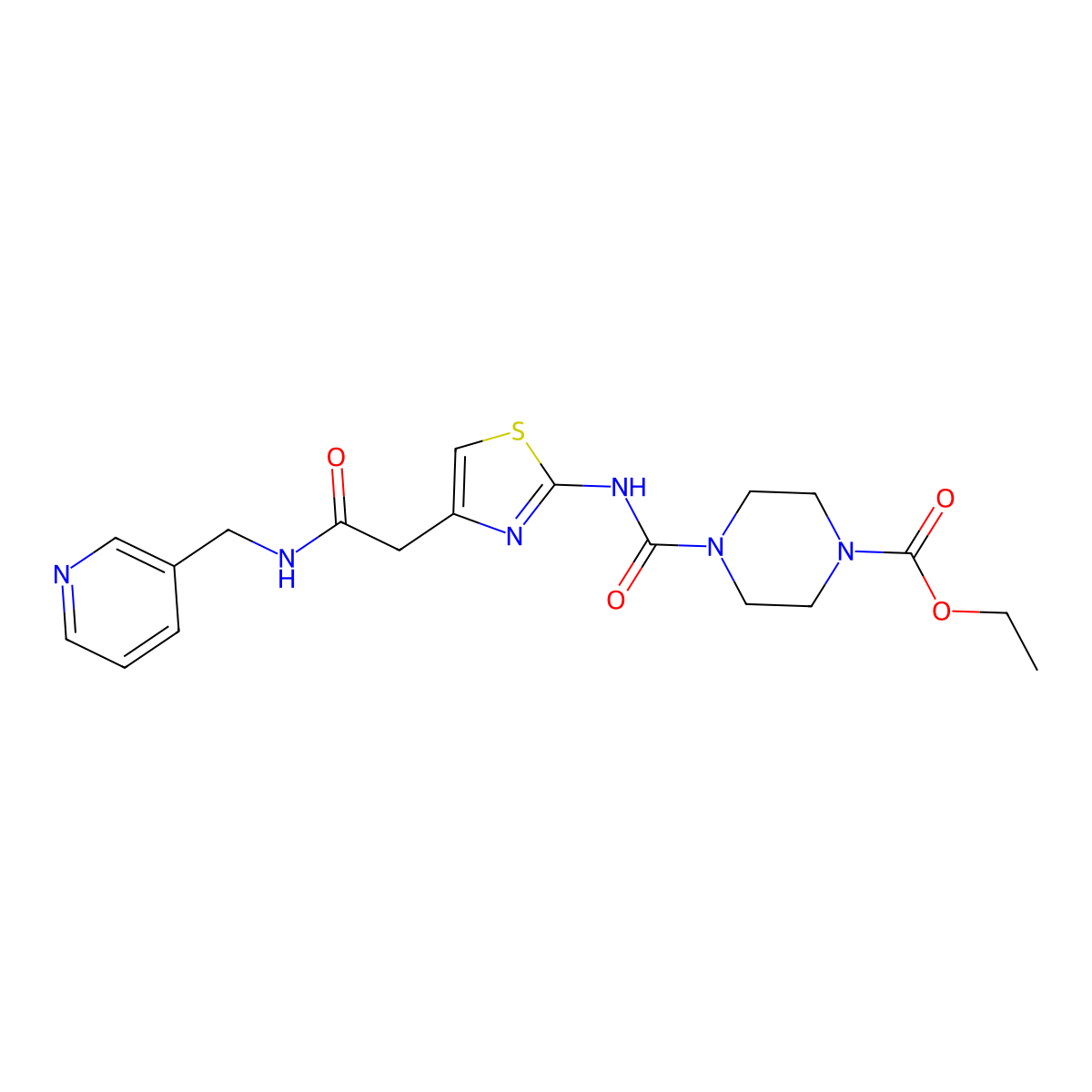 Ethyl 4-((4-(2-oxo-2-((pyridin-3-ylmethyl)amino)ethyl)thiazol-2-yl)carbamoyl)piperazine-1-carboxylate molecular structure, CAS 1021258-73-0