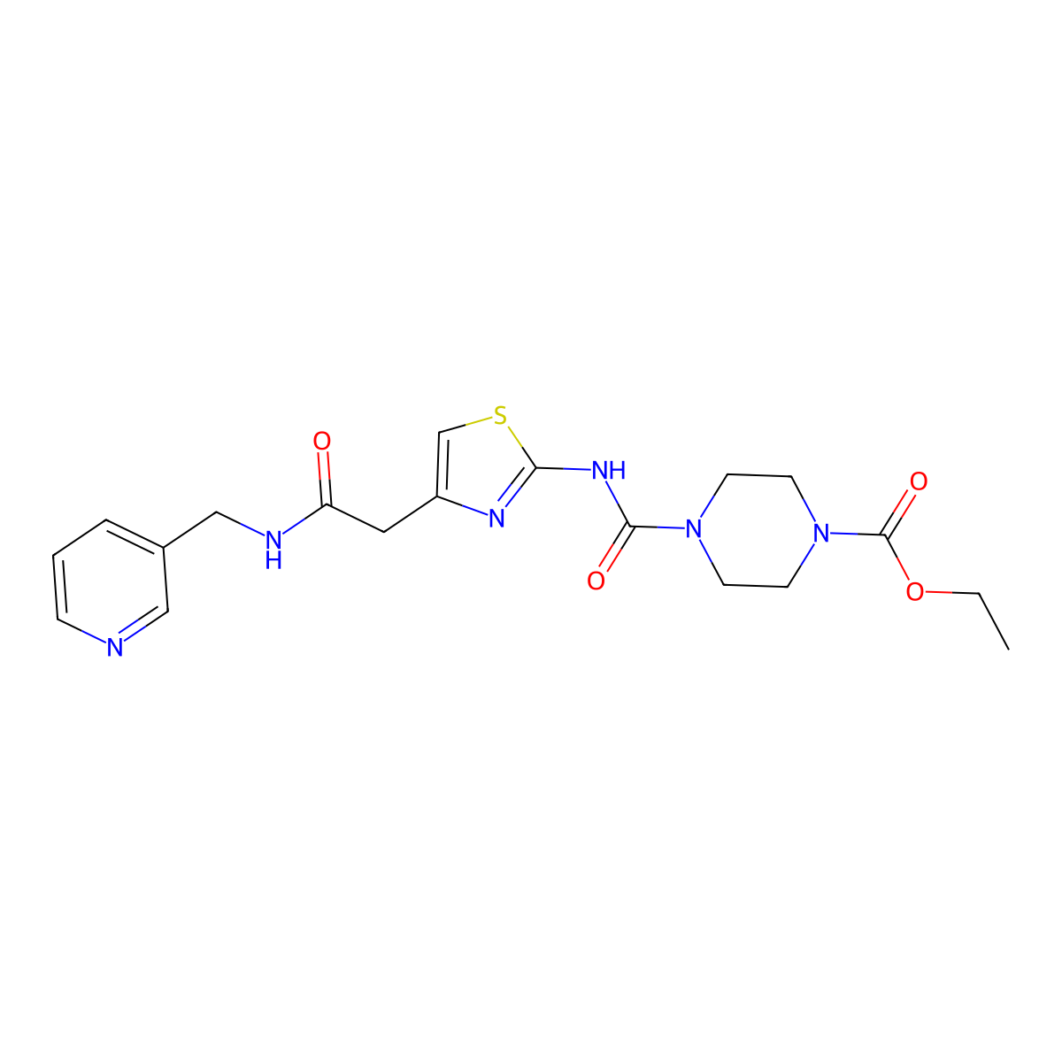 Ethyl 4-((4-(2-oxo-2-((pyridin-3-ylmethyl)amino)ethyl)thiazol-2-yl)carbamoyl)piperazine-1-carboxylate molecular structure, CAS 1021258-73-0