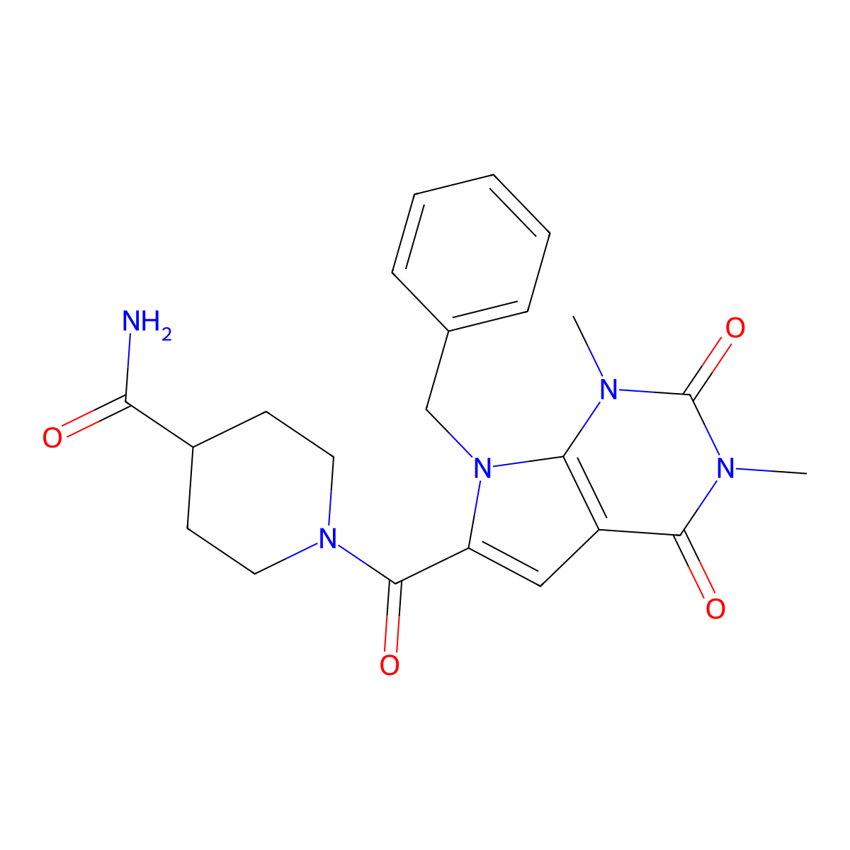 1-(7-benzyl-1,3-dimethyl-2,4-dioxo-2,3,4,7-tetrahydro-1H-pyrrolo[2,3-d]pyrimidine-6-carbonyl)piperidine-4-carboxamide molecular structure, CAS 1021258-74-1