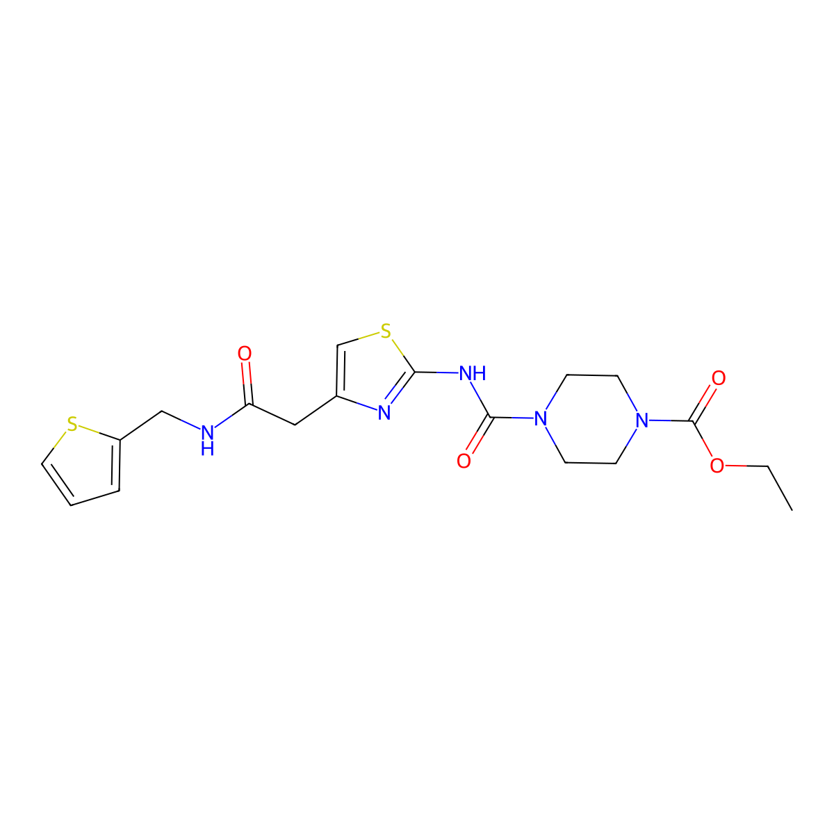 Ethyl 4-((4-(2-oxo-2-((thiophen-2-ylmethyl)amino)ethyl)thiazol-2-yl)carbamoyl)piperazine-1-carboxylate molecular structure, CAS 1021258-75-2
