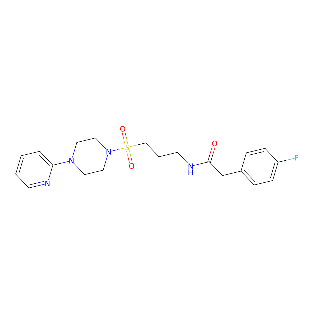 2-(4-fluorophenyl)-N-(3-((4-(pyridin-2-yl)piperazin-1-yl)sulfonyl)propyl)acetamide molecular structure, CAS 1021258-99-0