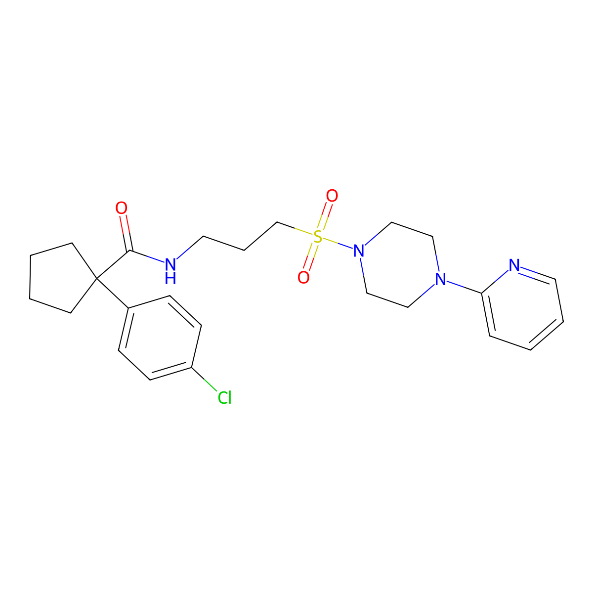 1-(4-chlorophenyl)-N-(3-((4-(pyridin-2-yl)piperazin-1-yl)sulfonyl)propyl)cyclopentanecarboxamide molecular structure, CAS 1021259-04-0
