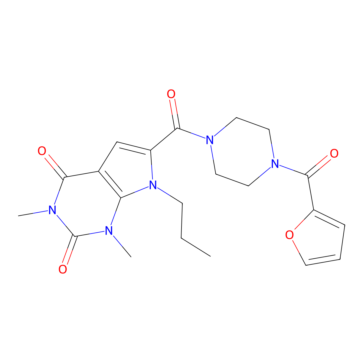 6-(4-(furan-2-carbonyl)piperazine-1-carbonyl)-1,3-dimethyl-7-propyl-1H-pyrrolo[2,3-d]pyrimidine-2,4(3H,7H)-dione molecular structure, CAS 1021259-18-6
