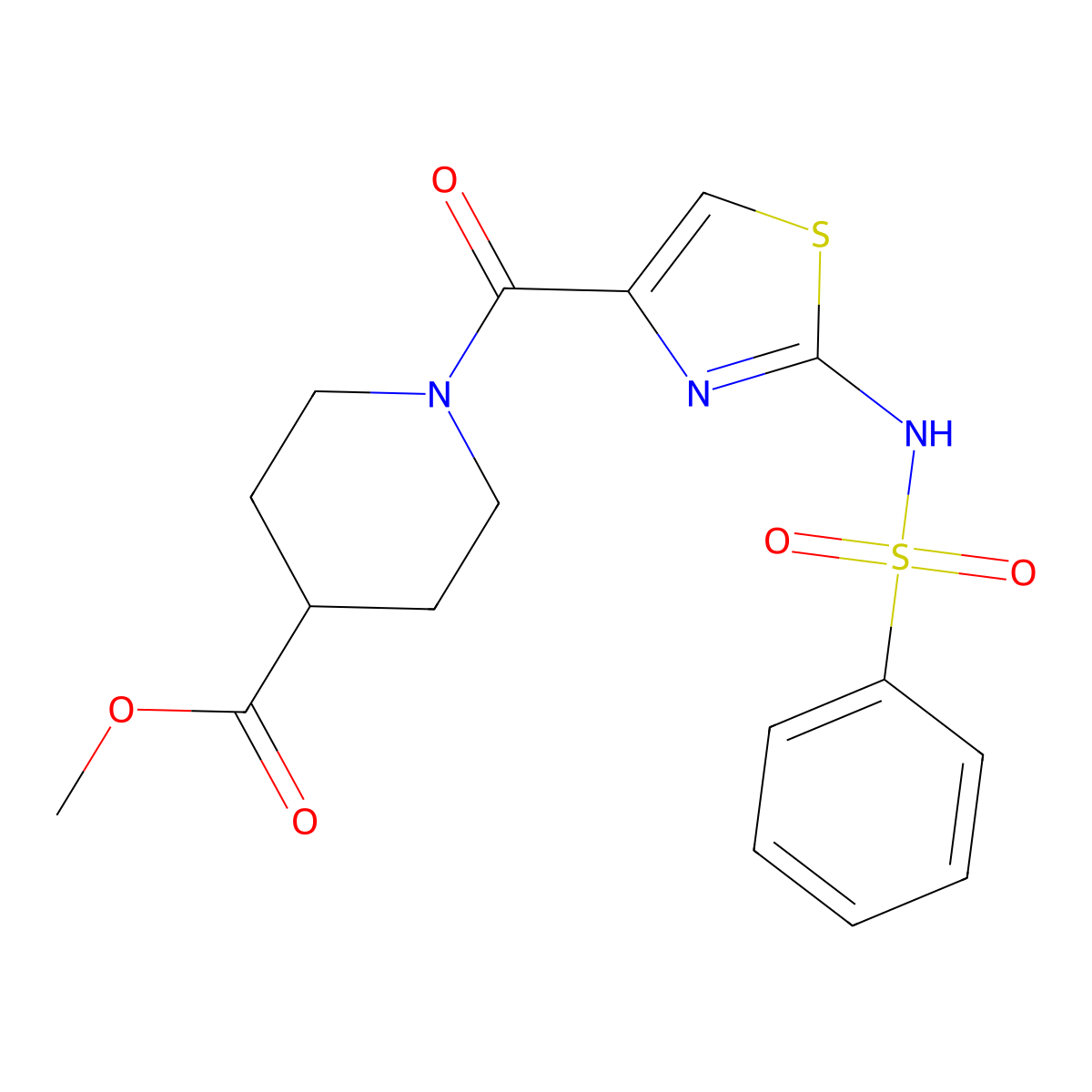 Methyl 1-(2-benzenesulfonamido-1,3-thiazole-4-carbonyl)piperidine-4-carboxylate molecular structure, CAS 1021259-41-5