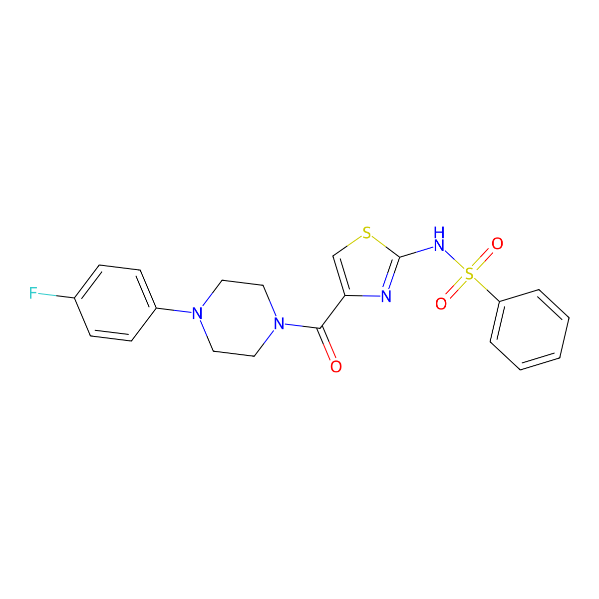 N-(4-(4-(4-fluorophenyl)piperazine-1-carbonyl)thiazol-2-yl)benzenesulfonamide molecular structure, CAS 1021259-43-7