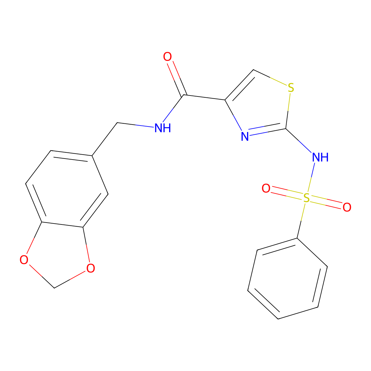2-benzenesulfonamido-N-[(2H-1,3-benzodioxol-5-yl)methyl]-1,3-thiazole-4-carboxamide molecular structure, CAS 1021259-46-0