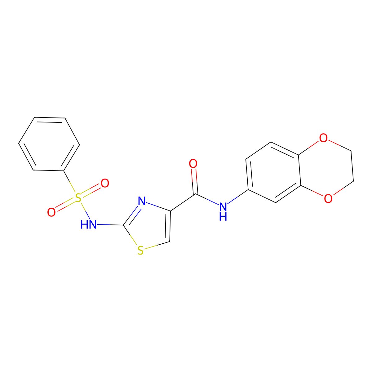 2-benzenesulfonamido-N-(2,3-dihydro-1,4-benzodioxin-6-yl)-1,3-thiazole-4-carboxamide molecular structure, CAS 1021259-65-3