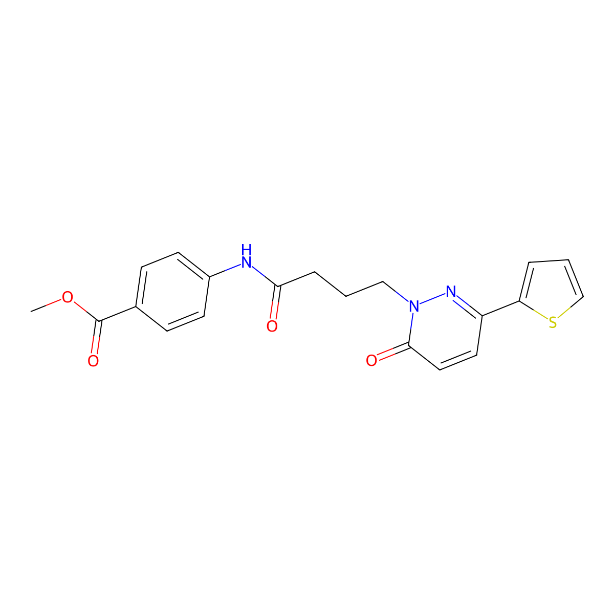 Methyl 4-{4-[6-oxo-3-(thiophen-2-yl)-1,6-dihydropyridazin-1-yl]butanamido}benzoate molecular structure, CAS 1021259-74-4