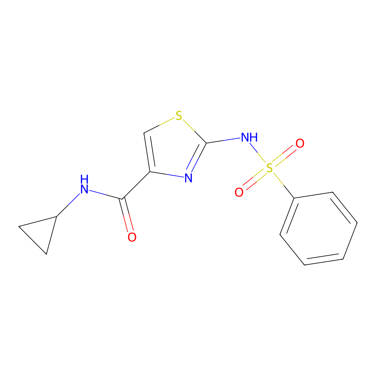 2-benzenesulfonamido-N-cyclopropyl-1,3-thiazole-4-carboxamide molecular structure, CAS 1021259-78-8
