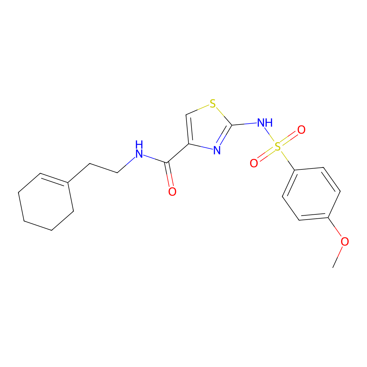 N-(2-(cyclohex-1-en-1-yl)ethyl)-2-(4-methoxyphenylsulfonamido)thiazole-4-carboxamide molecular structure, CAS 1021259-88-0