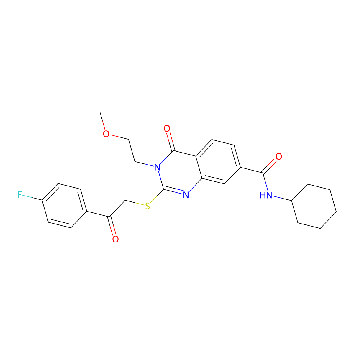 N-cyclohexyl-2-{[2-(4-fluorophenyl)-2-oxoethyl]sulfanyl}-3-(2-methoxyethyl)-4-oxo-3,4-dihydroquinazoline-7-carboxamide molecular structure, CAS 1021260-29-6