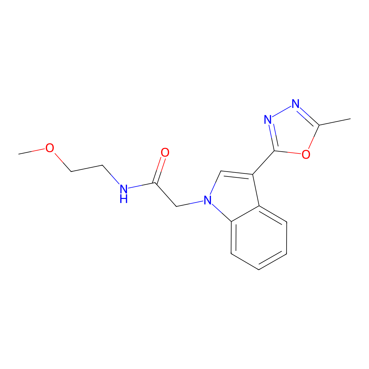 N-(2-methoxyethyl)-2-(3-(5-methyl-1,3,4-oxadiazol-2-yl)-1H-indol-1-yl)acetamide molecular structure, CAS 1021260-59-2